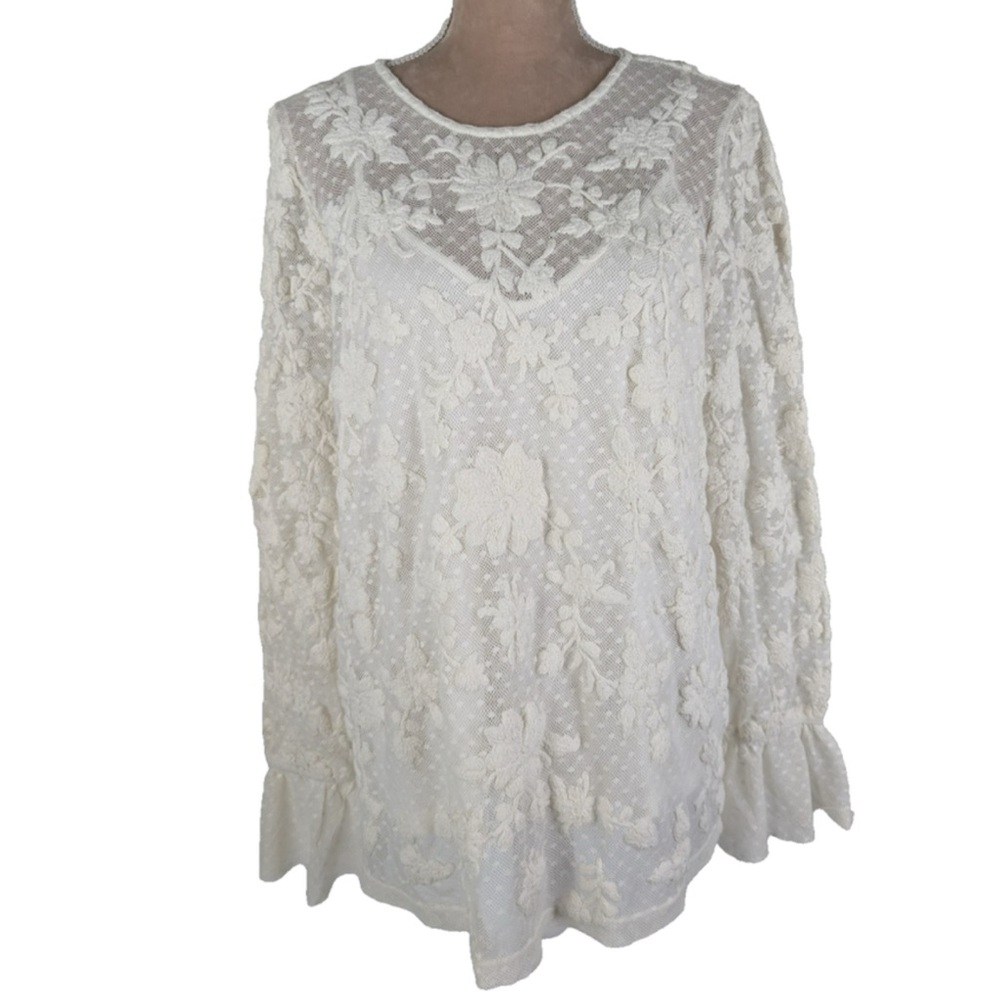 Sundance Sheer Lace Embroidered Top Ivory Cottagecore Fairy Boho Romantic size M